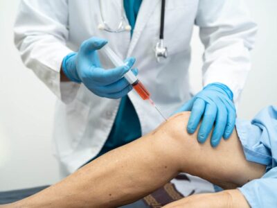 Doctor administering an injection to patient's knee for medical treatment | Denver stem cell therapy
